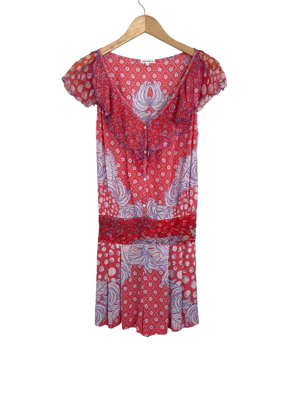 NEW Poupette St Barth Silk Ruffle Button Front V Neck Mini Shorts Romper Small